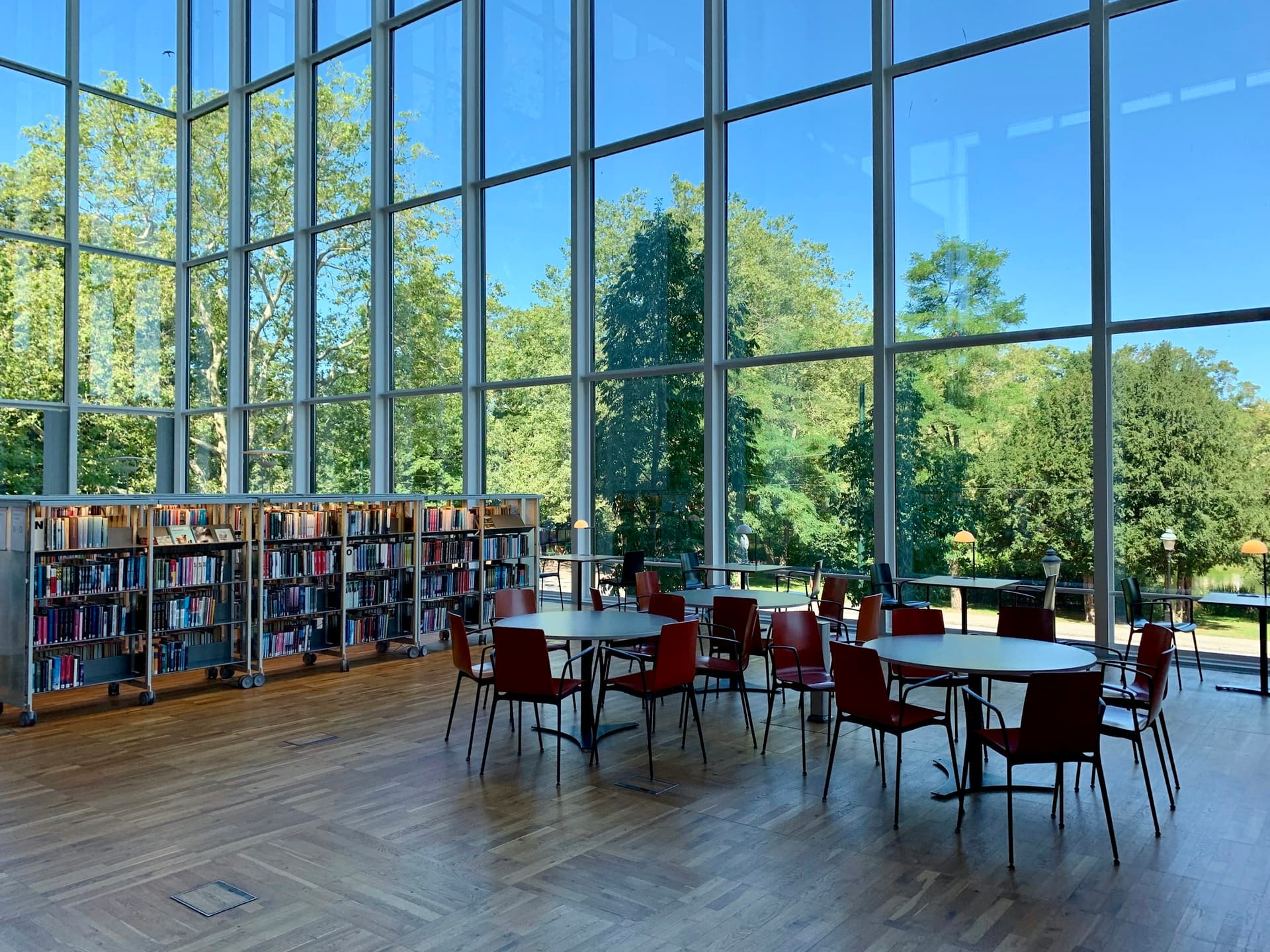 Bibliothèque vitrée ouverte sur un parc
